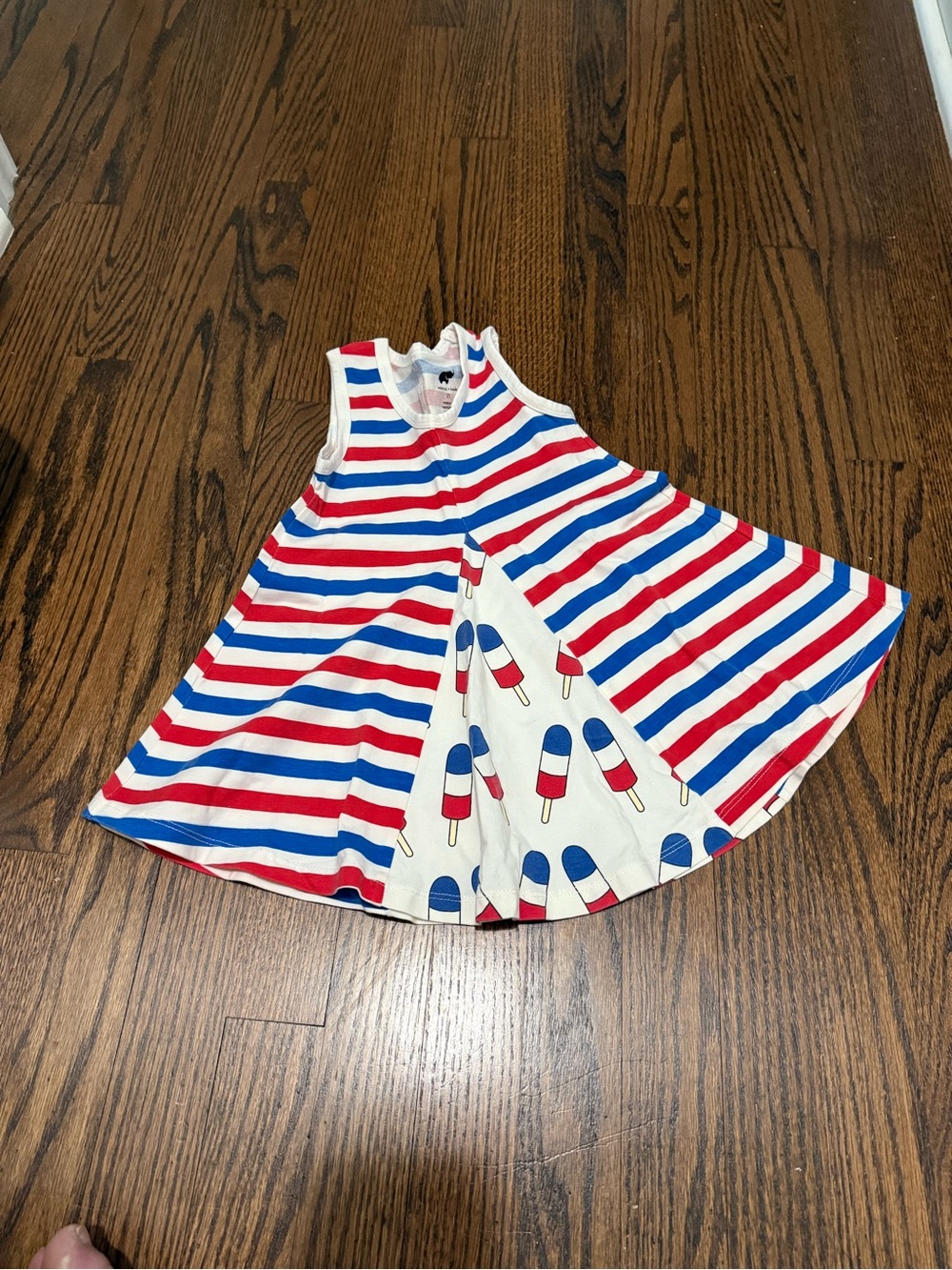 Sleeveless Red, White & Blue Striped Kids Dress with Popsicle Print